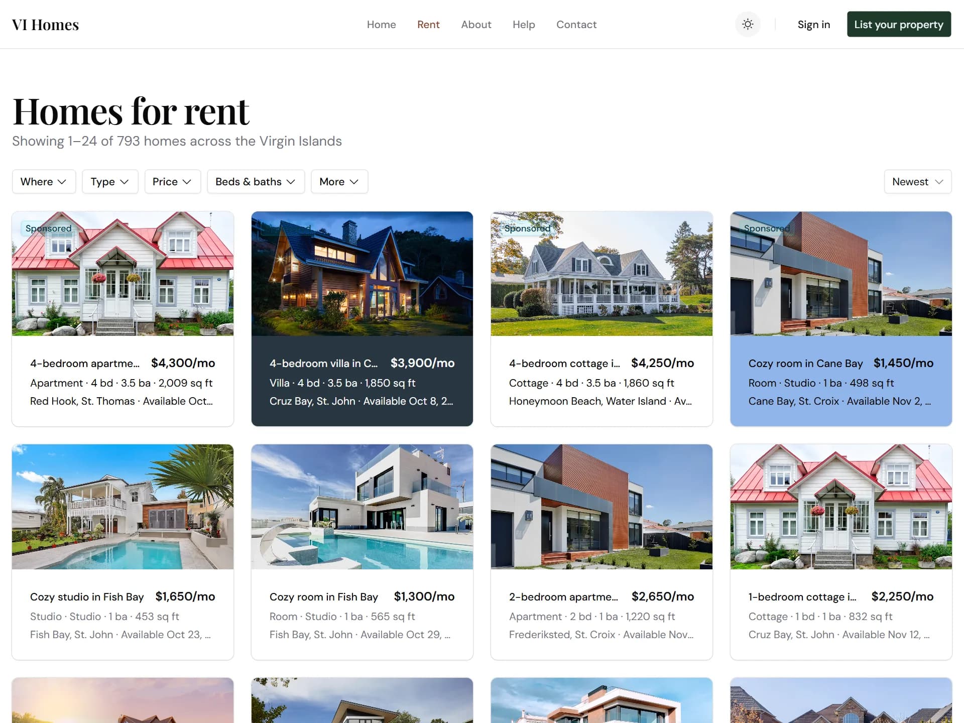 The Homes for rent page: a grid of rental listings across the Virgin Islands with filters for location, type, price and beds.